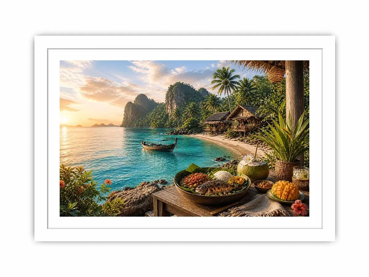 Tropical beach paradise wall art with turquoise ocean, island huts, palm trees, boat and sunset coastal dining canvas print