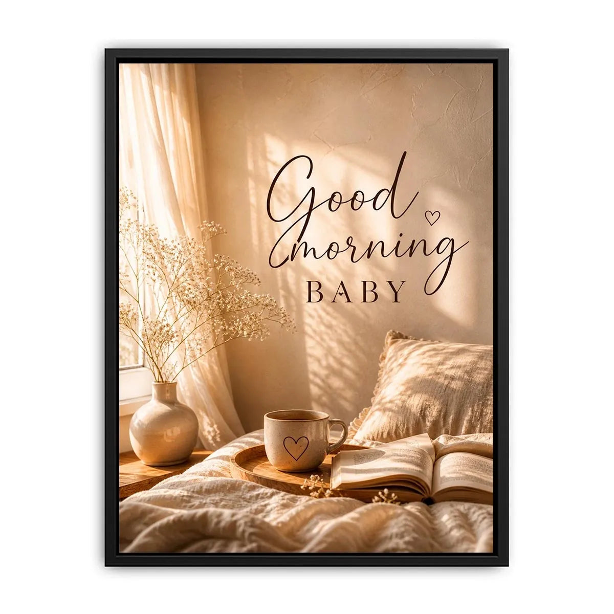 Good Morning Baby typography wall art with cozy bedroom aesthetic, warm sunlight, coffee mug and neutral romantic decor canvas print