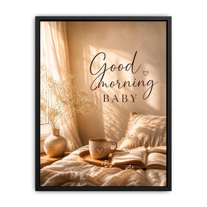 Good Morning Baby typography wall art with cozy bedroom aesthetic, warm sunlight, coffee mug and neutral romantic decor canvas print