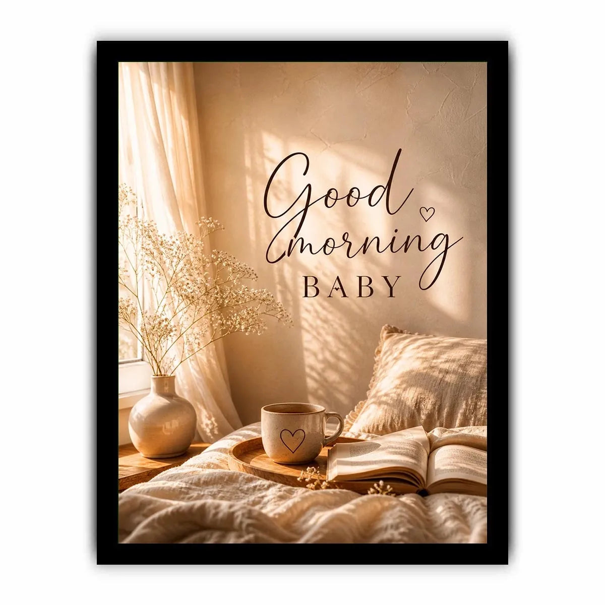 Good Morning Baby typography wall art with cozy bedroom aesthetic, warm sunlight, coffee mug and neutral romantic decor canvas print