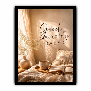 Good Morning Baby typography wall art with cozy bedroom aesthetic, warm sunlight, coffee mug and neutral romantic decor canvas print
