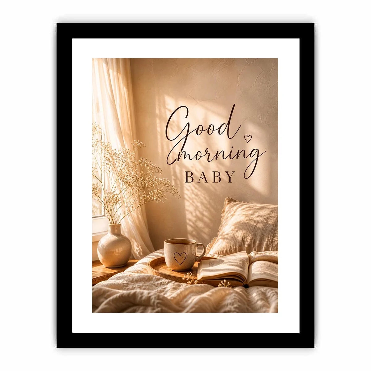 Good Morning Baby typography wall art with cozy bedroom aesthetic, warm sunlight, coffee mug and neutral romantic decor canvas print