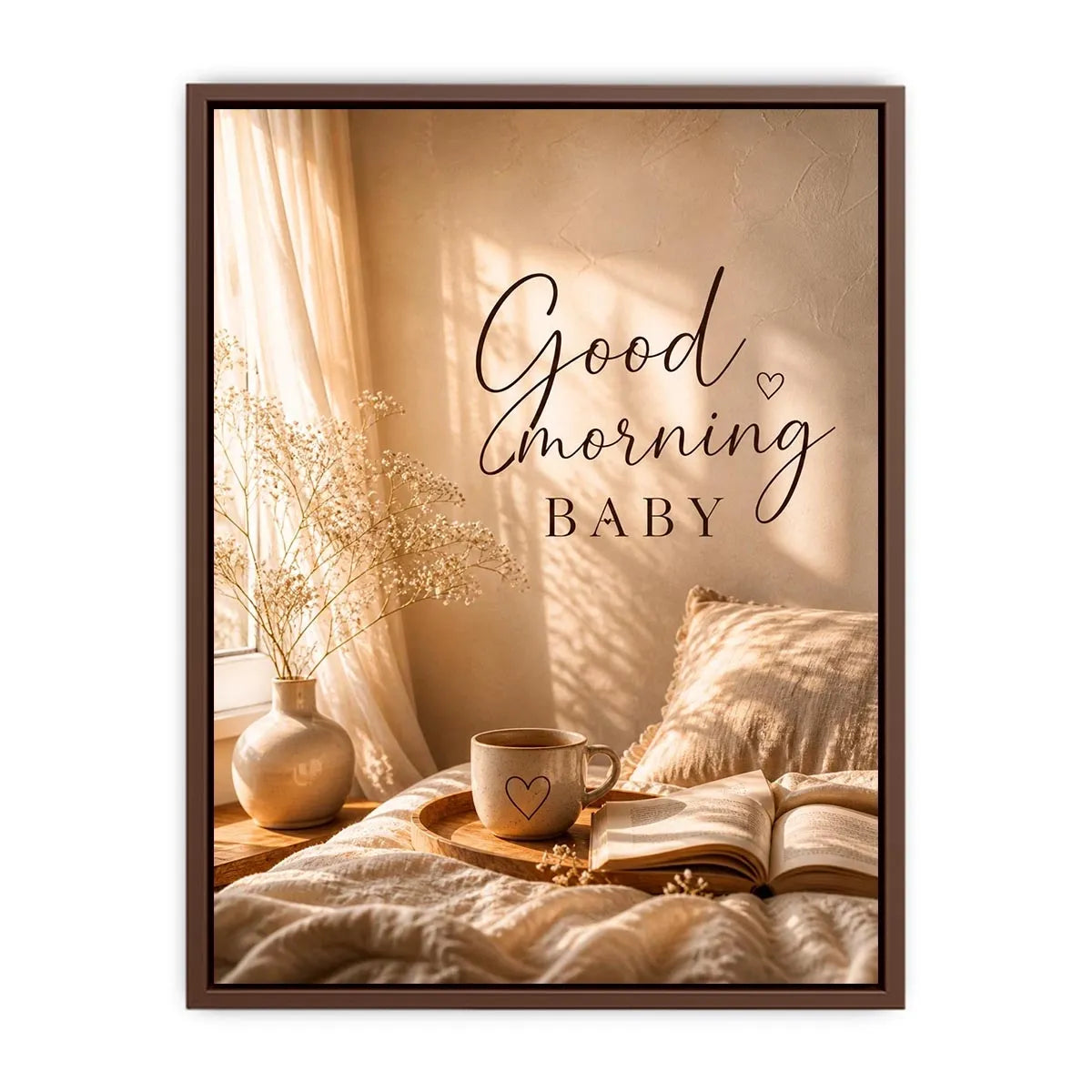 Good Morning Baby typography wall art with cozy bedroom aesthetic, warm sunlight, coffee mug and neutral romantic decor canvas print