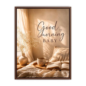 Good Morning Baby typography wall art with cozy bedroom aesthetic, warm sunlight, coffee mug and neutral romantic decor canvas print