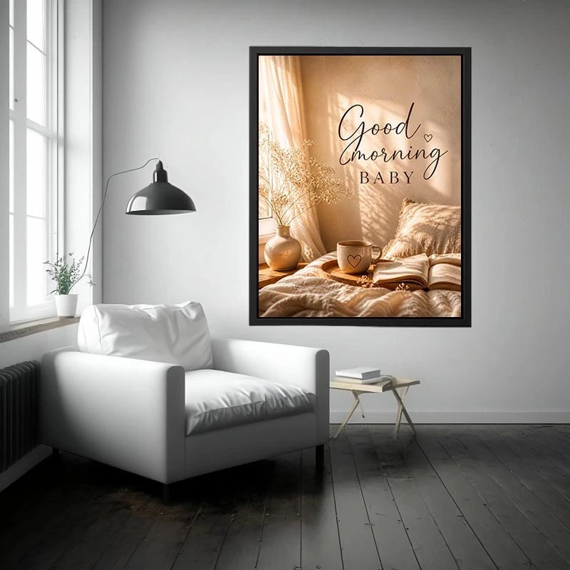Good Morning Baby typography wall art with cozy bedroom aesthetic, warm sunlight, coffee mug and neutral romantic decor canvas print