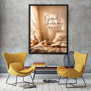 Good Morning Baby typography wall art with cozy bedroom aesthetic, warm sunlight, coffee mug and neutral romantic decor canvas print