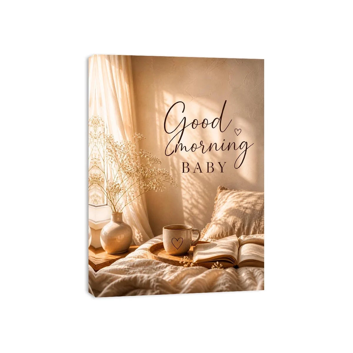 Good Morning Baby typography wall art with cozy bedroom aesthetic, warm sunlight, coffee mug and neutral romantic decor canvas print