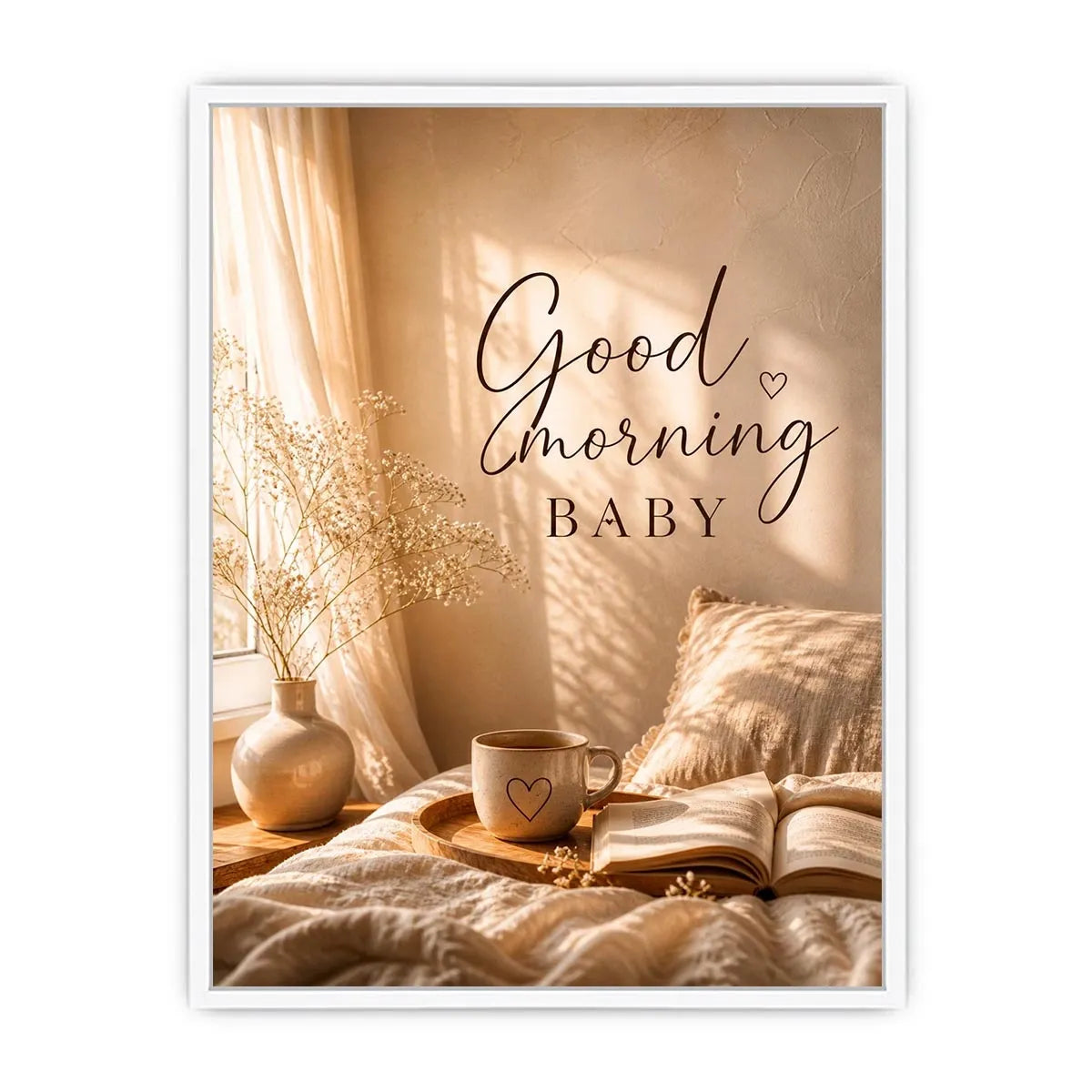 Good Morning Baby typography wall art with cozy bedroom aesthetic, warm sunlight, coffee mug and neutral romantic decor canvas print