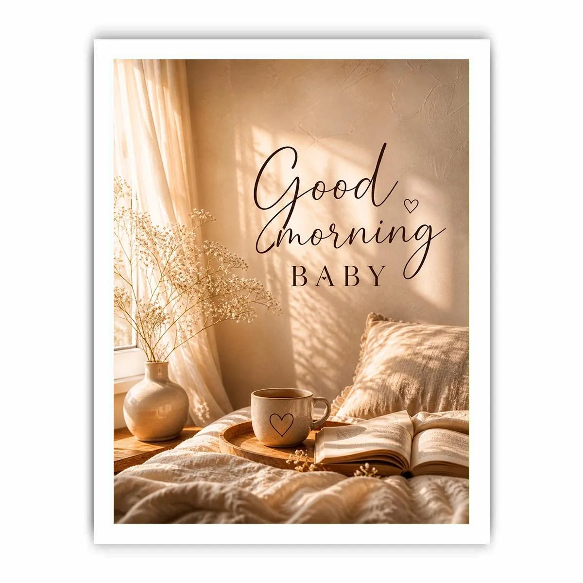 Good Morning Baby typography wall art with cozy bedroom aesthetic, warm sunlight, coffee mug and neutral romantic decor canvas print