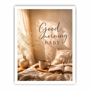 Good Morning Baby typography wall art with cozy bedroom aesthetic, warm sunlight, coffee mug and neutral romantic decor canvas print