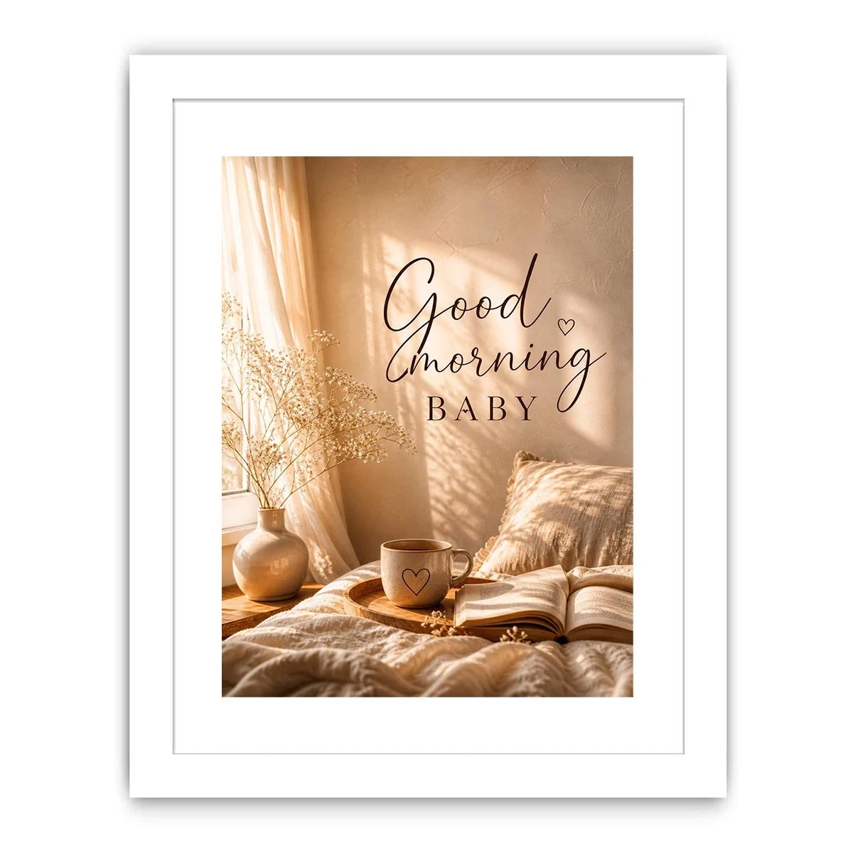 Good Morning Baby typography wall art with cozy bedroom aesthetic, warm sunlight, coffee mug and neutral romantic decor canvas print