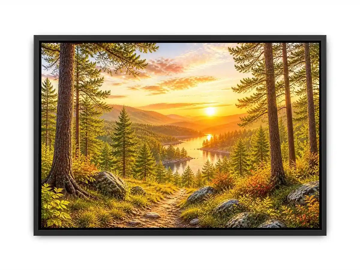 Golden forest landscape wall art with pine trees, river valley, mountain sunset and scenic nature canvas print