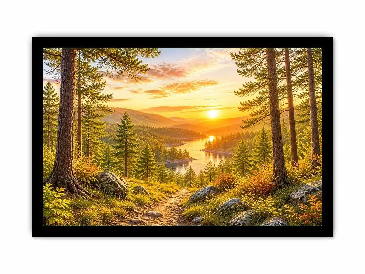 Golden forest landscape wall art with pine trees, river valley, mountain sunset and scenic nature canvas print