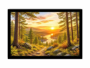 Golden forest landscape wall art with pine trees, river valley, mountain sunset and scenic nature canvas print