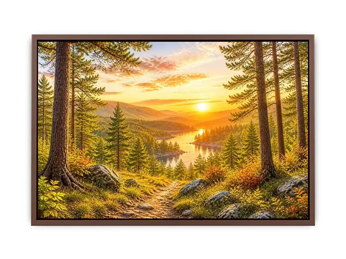 Golden forest landscape wall art with pine trees, river valley, mountain sunset and scenic nature canvas print