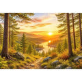 Golden forest landscape wall art with pine trees, river valley, mountain sunset and scenic nature canvas print