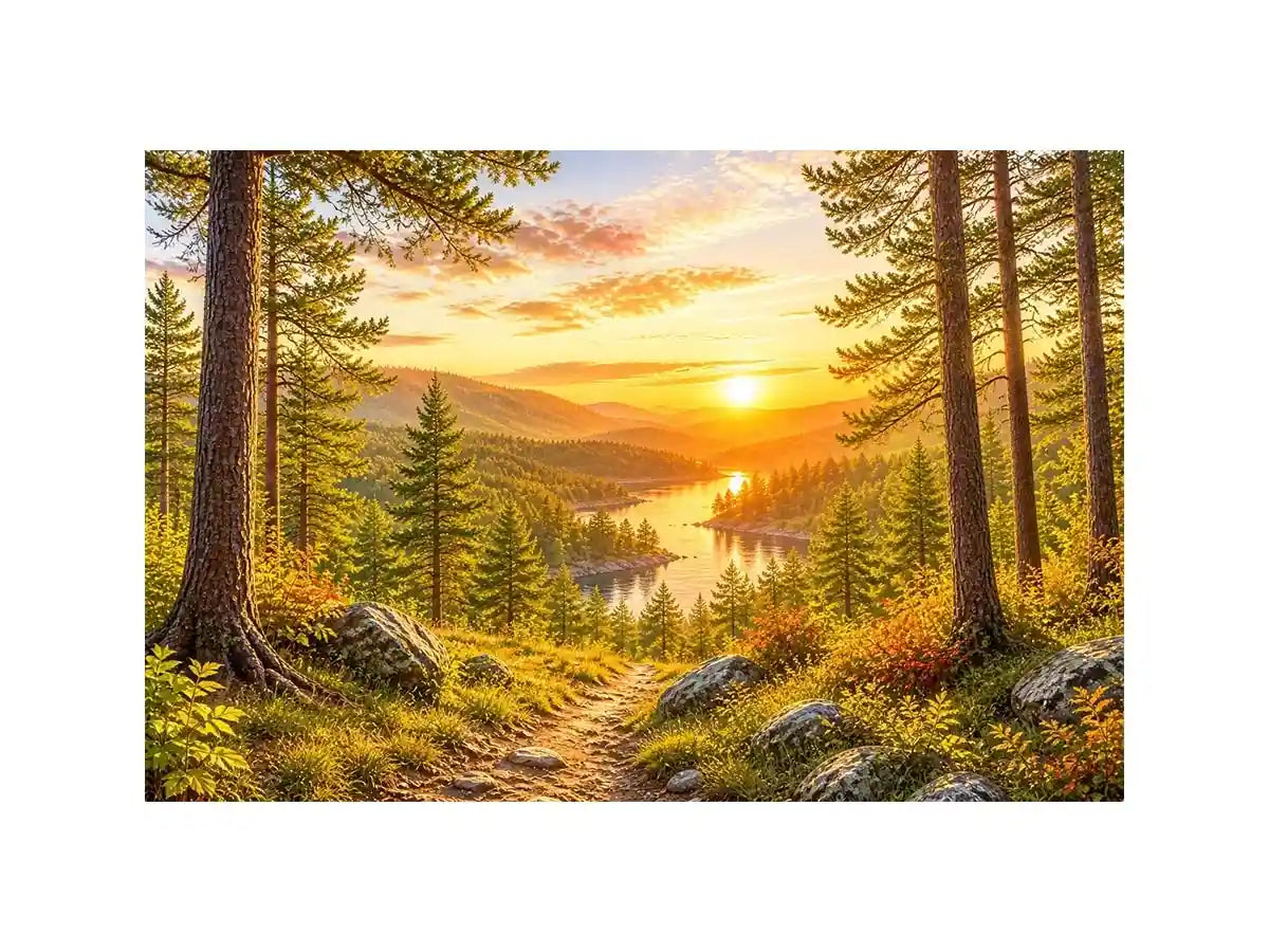 Golden forest landscape wall art with pine trees, river valley, mountain sunset and scenic nature canvas print