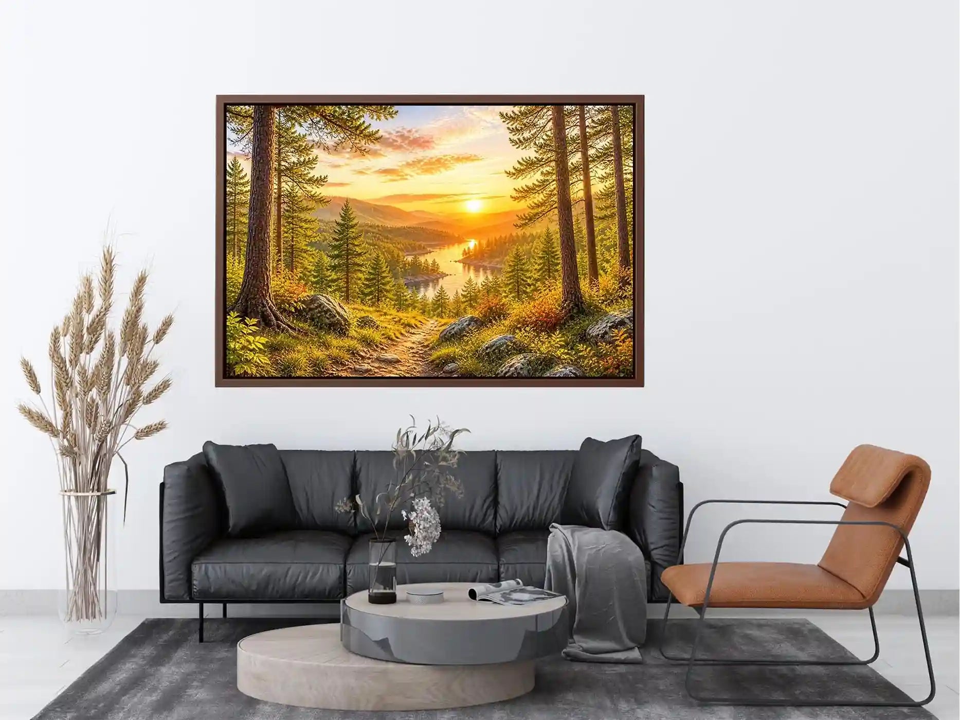 Golden forest landscape wall art with pine trees, river valley, mountain sunset and scenic nature canvas print
