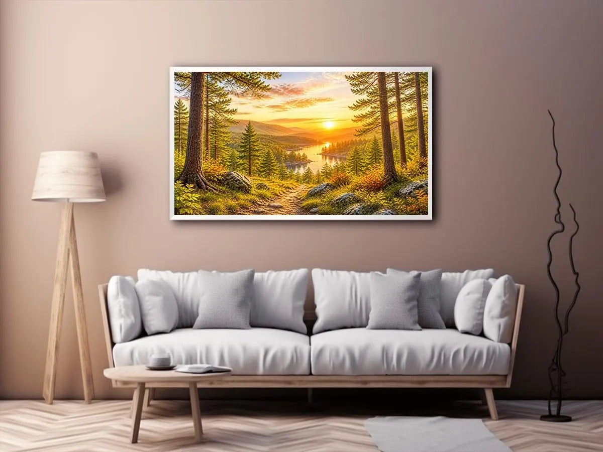 Golden forest landscape wall art with pine trees, river valley, mountain sunset and scenic nature canvas print