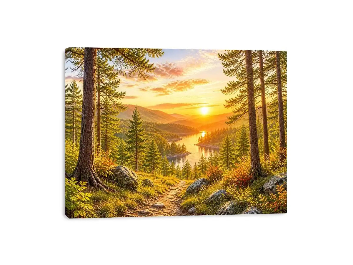 Golden forest landscape wall art with pine trees, river valley, mountain sunset and scenic nature canvas print