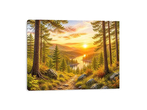 Golden forest landscape wall art with pine trees, river valley, mountain sunset and scenic nature canvas print