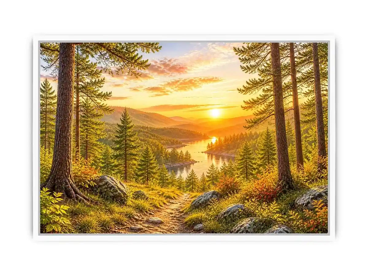 Golden forest landscape wall art with pine trees, river valley, mountain sunset and scenic nature canvas print