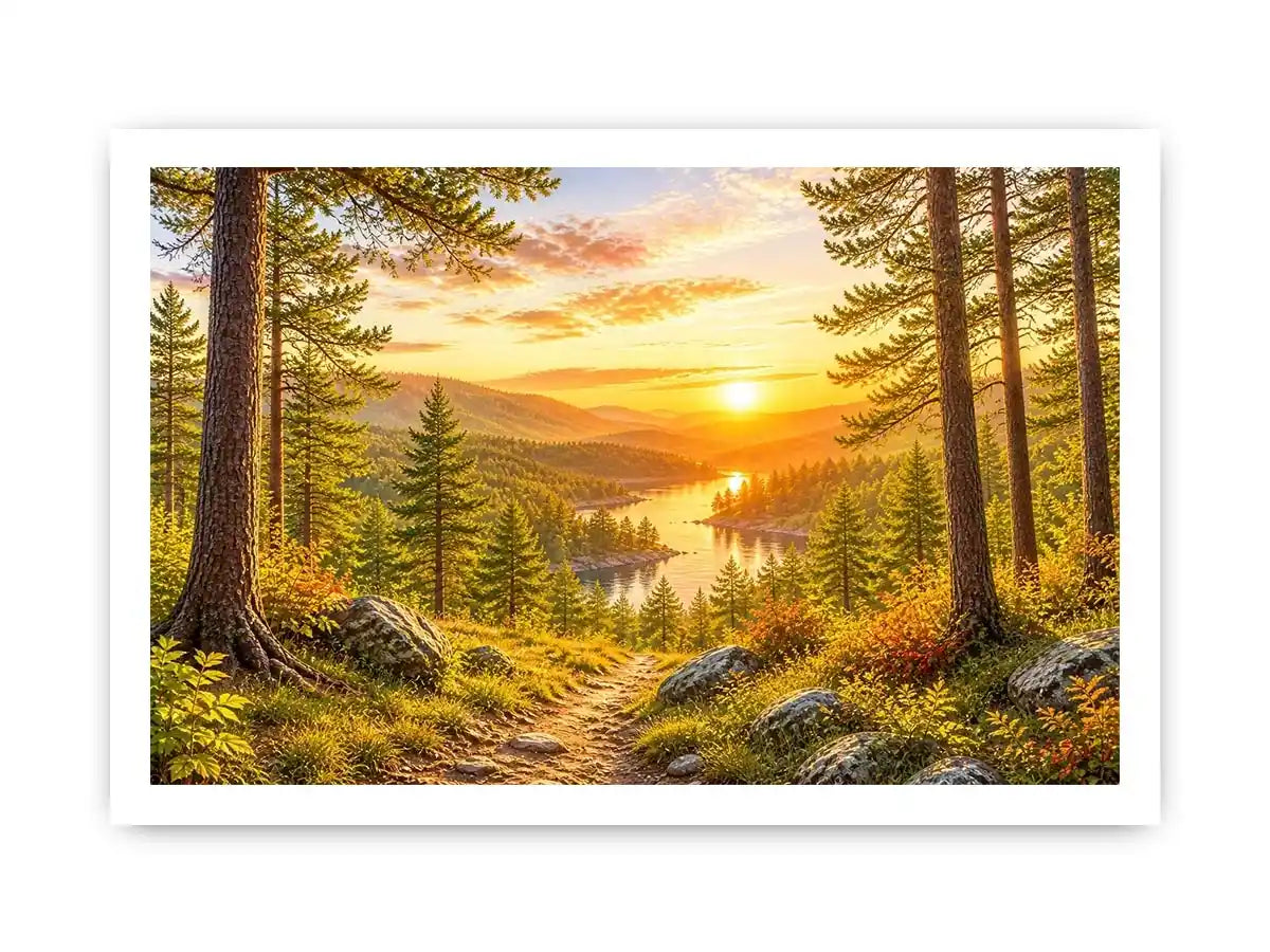Golden forest landscape wall art with pine trees, river valley, mountain sunset and scenic nature canvas print