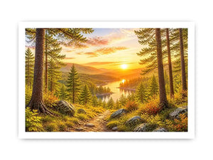 Golden forest landscape wall art with pine trees, river valley, mountain sunset and scenic nature canvas print