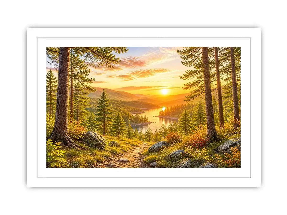 Golden forest landscape wall art with pine trees, river valley, mountain sunset and scenic nature canvas print