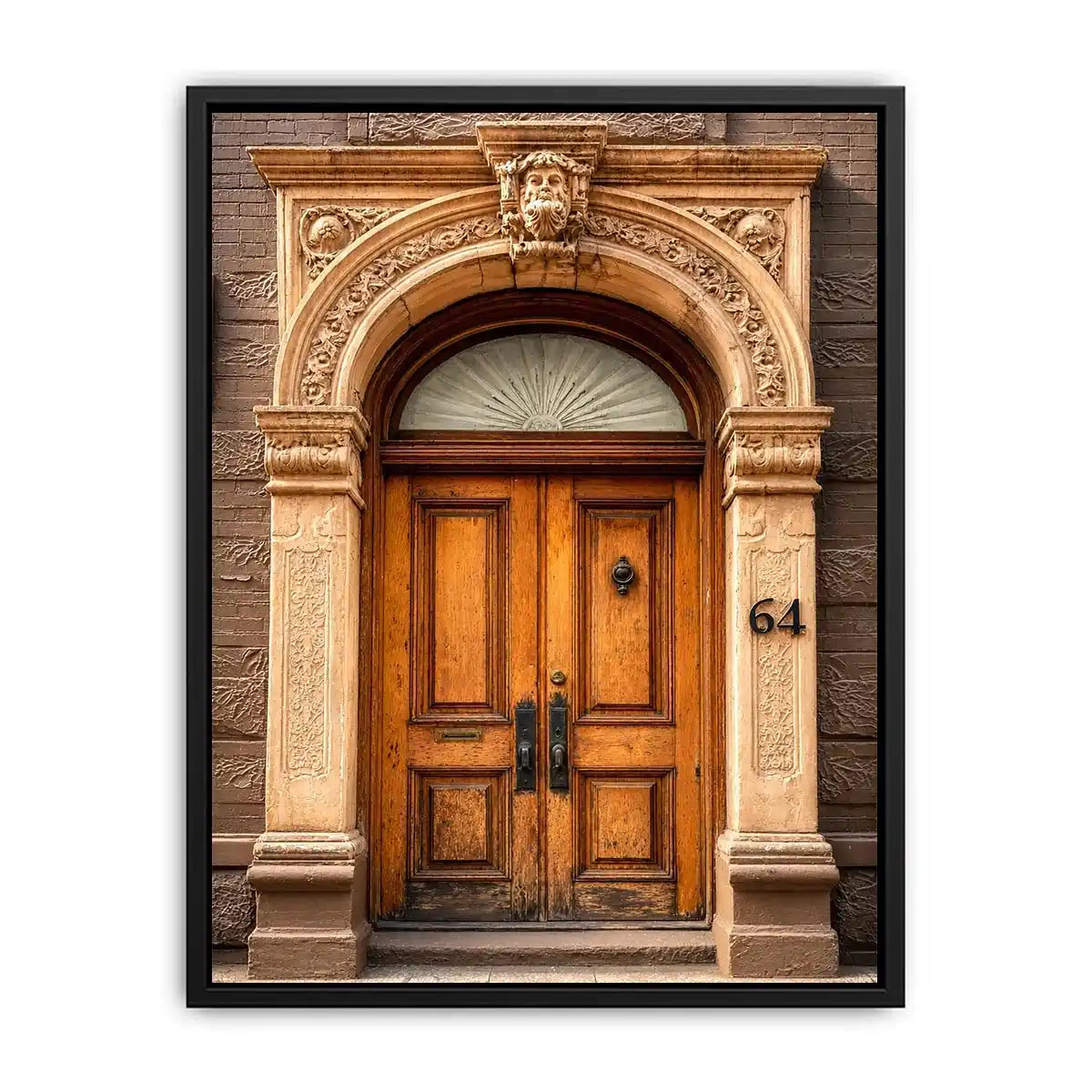 Vintage architectural doorway wall art with ornate carved arch, wooden doors and classic European building entrance canvas print