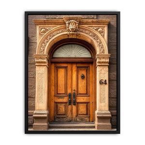 Vintage architectural doorway wall art with ornate carved arch, wooden doors and classic European building entrance canvas print