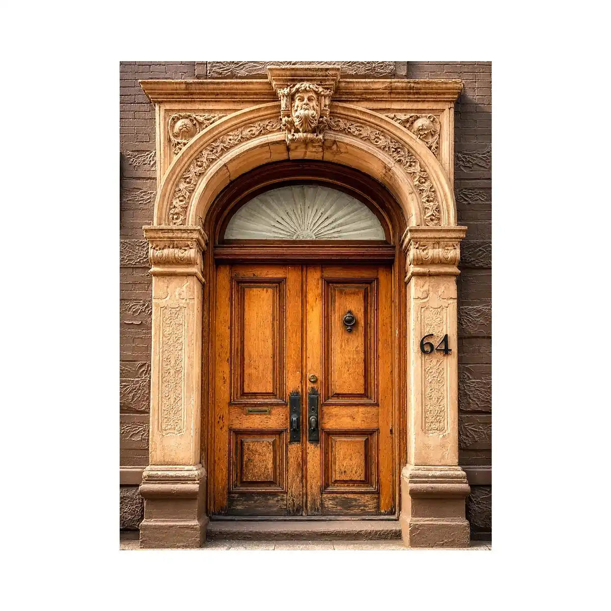 Vintage architectural doorway wall art with ornate carved arch, wooden doors and classic European building entrance canvas print