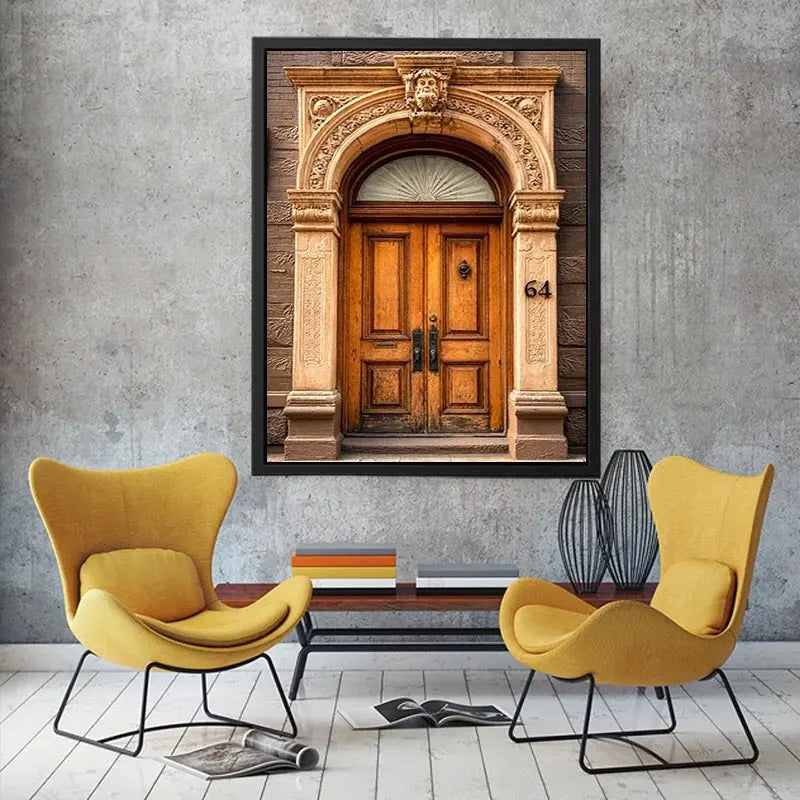 Vintage architectural doorway wall art with ornate carved arch, wooden doors and classic European building entrance canvas print