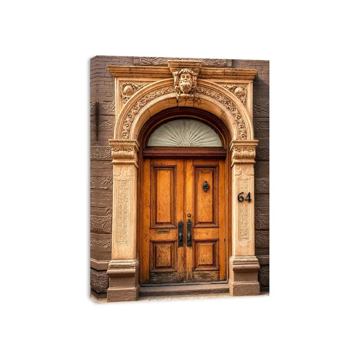 Vintage architectural doorway wall art with ornate carved arch, wooden doors and classic European building entrance canvas print
