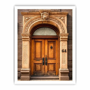 Vintage architectural doorway wall art with ornate carved arch, wooden doors and classic European building entrance canvas print