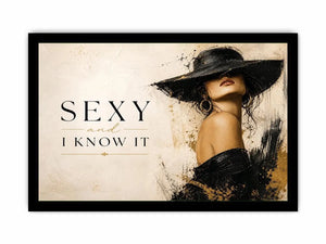 Sexy and I Know It fashion wall art with glamorous woman in black hat and luxury gold accents modern canvas print
