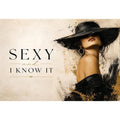Sexy and I Know It fashion wall art with glamorous woman in black hat and luxury gold accents modern canvas print