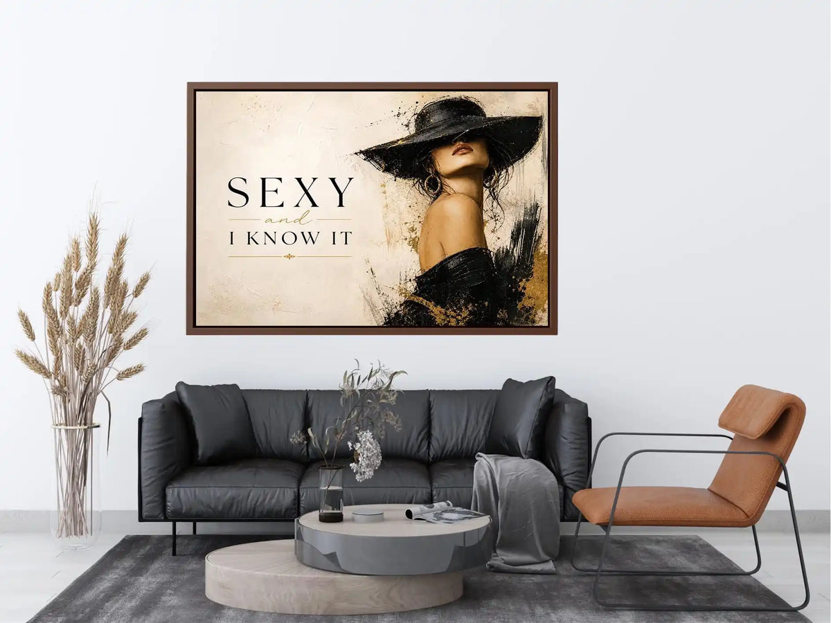 Sexy and I Know It fashion wall art with glamorous woman in black hat and luxury gold accents modern canvas print