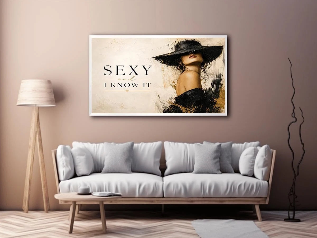 Sexy and I Know It fashion wall art with glamorous woman in black hat and luxury gold accents modern canvas print