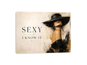 Sexy and I Know It fashion wall art with glamorous woman in black hat and luxury gold accents modern canvas print