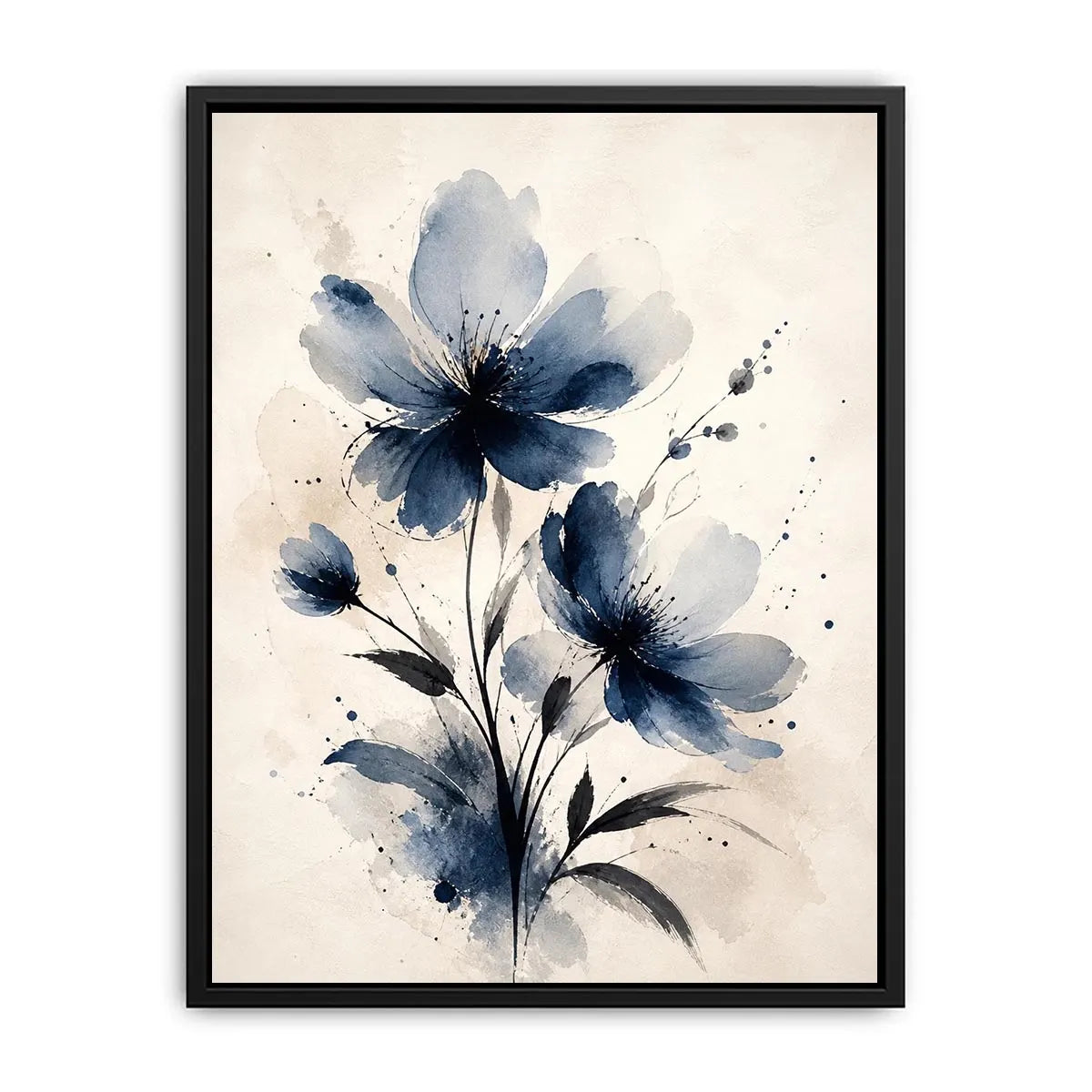 Indigo blue watercolor floral wall art with abstract botanical flowers on neutral background canvas print