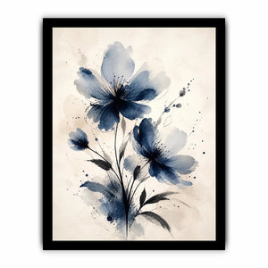 Indigo blue watercolor floral wall art with abstract botanical flowers on neutral background canvas print