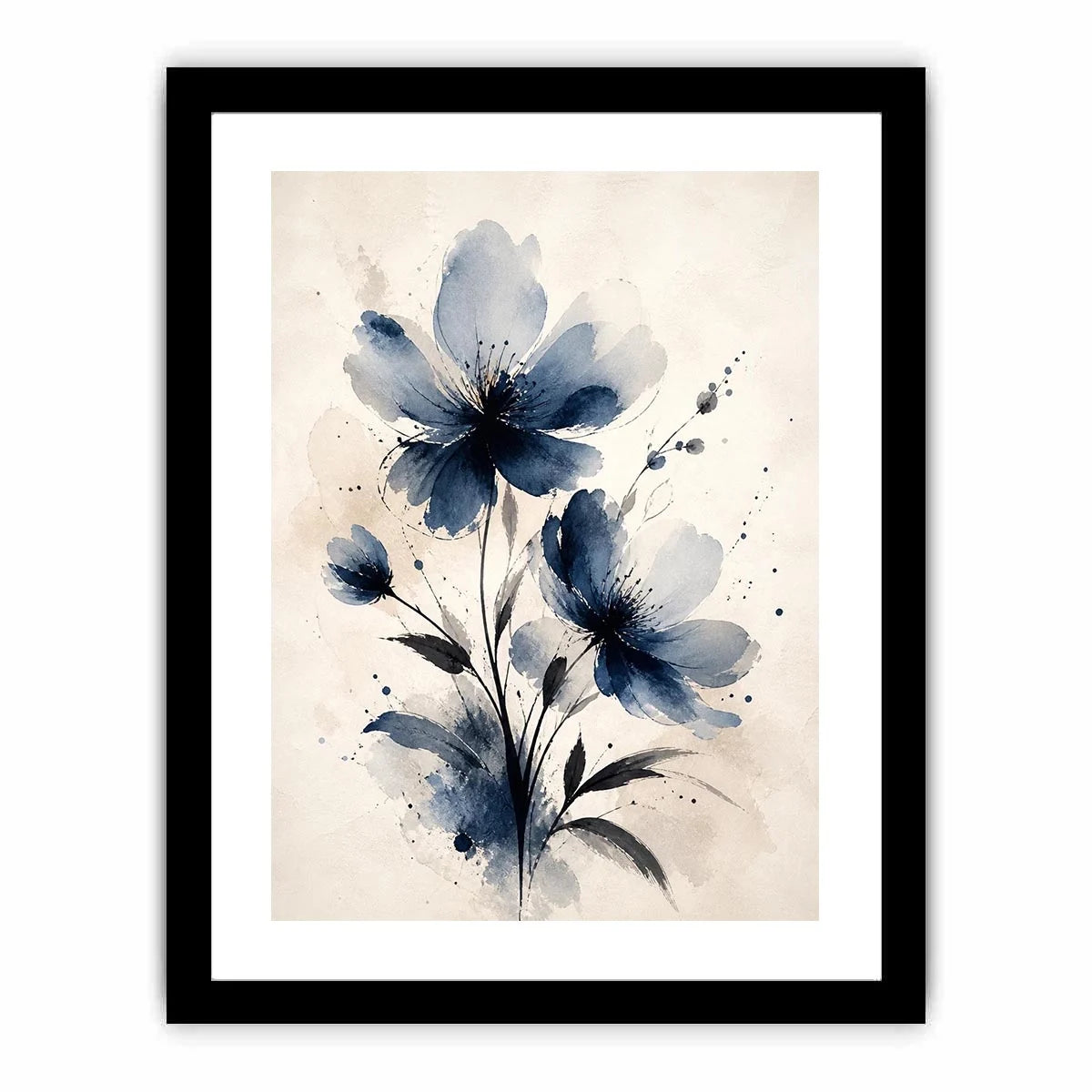 Indigo blue watercolor floral wall art with abstract botanical flowers on neutral background canvas print