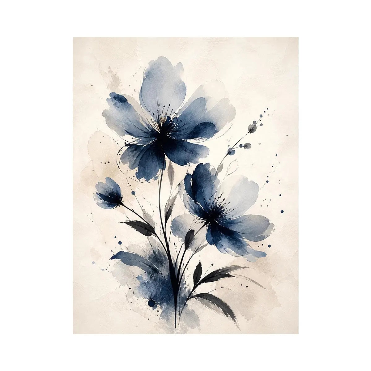 Indigo blue watercolor floral wall art with abstract botanical flowers on neutral background canvas print