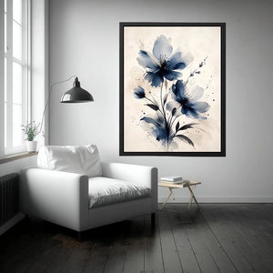 Indigo blue watercolor floral wall art with abstract botanical flowers on neutral background canvas print