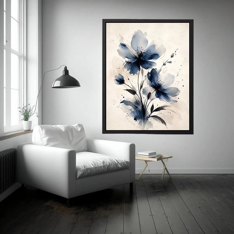 Indigo blue watercolor floral wall art with abstract botanical flowers on neutral background canvas print