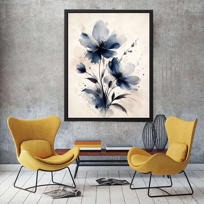 Indigo blue watercolor floral wall art with abstract botanical flowers on neutral background canvas print