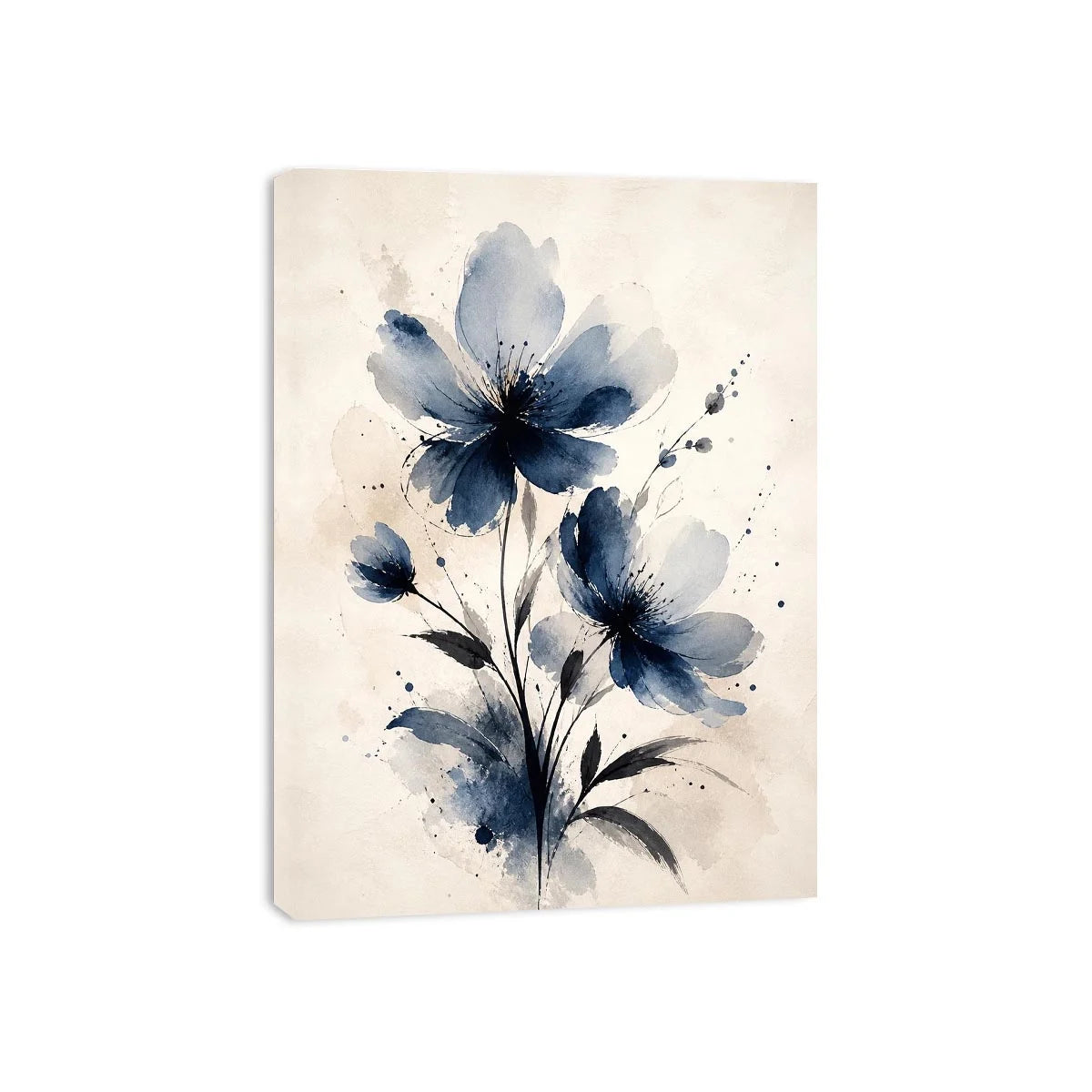 Indigo blue watercolor floral wall art with abstract botanical flowers on neutral background canvas print