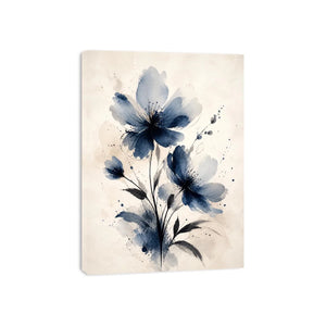 Indigo blue watercolor floral wall art with abstract botanical flowers on neutral background canvas print
