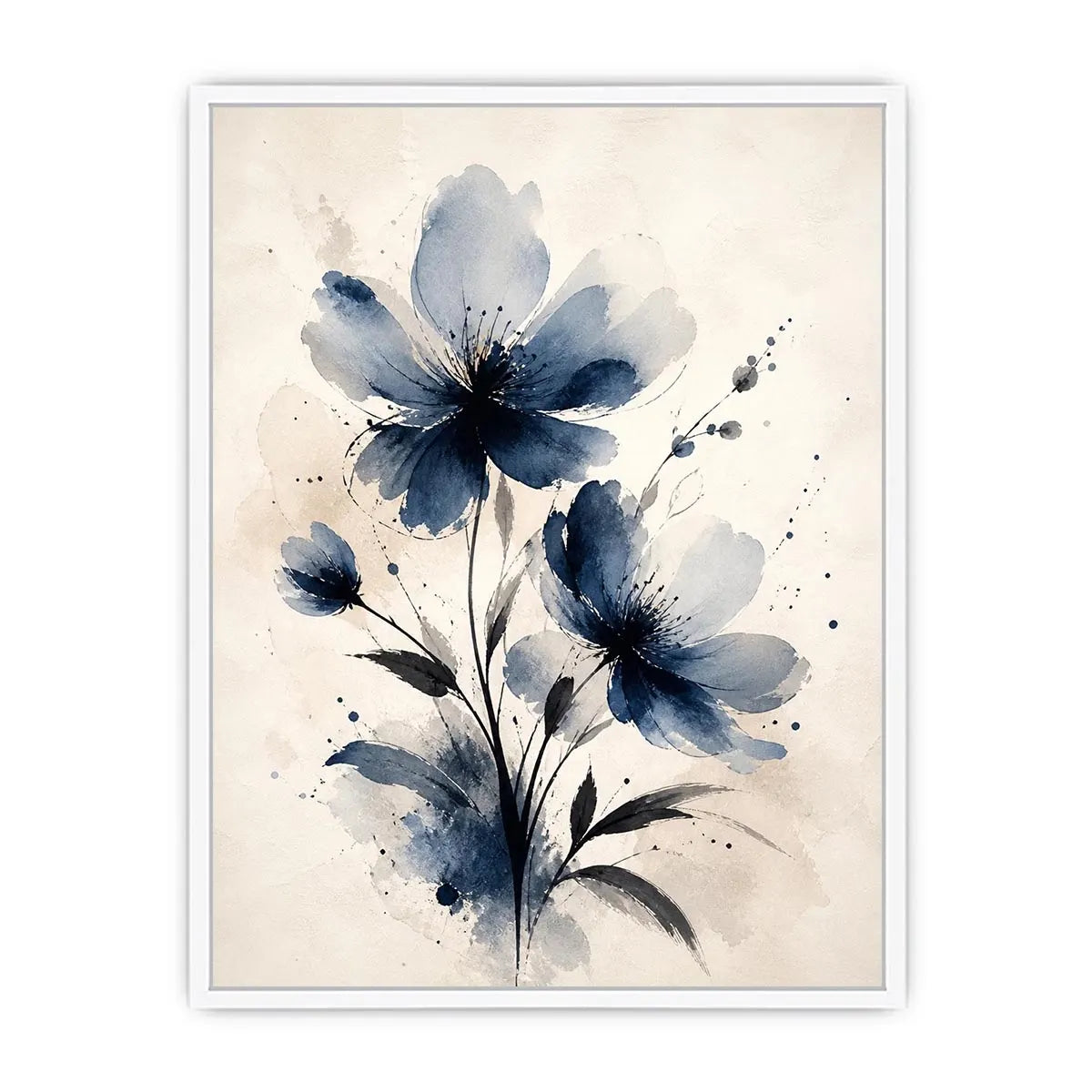 Indigo blue watercolor floral wall art with abstract botanical flowers on neutral background canvas print